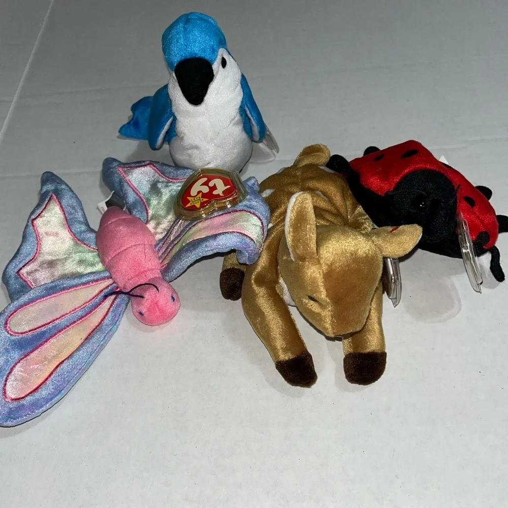TY Beanie Babies Whisper Deer,‎ Lucky Ladybug, Flitter Butterfly Rocket Blue Jay